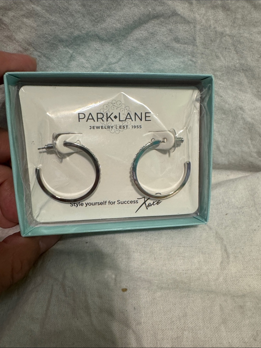 Park Lane Silver Hoop Earrings in Aqua Box